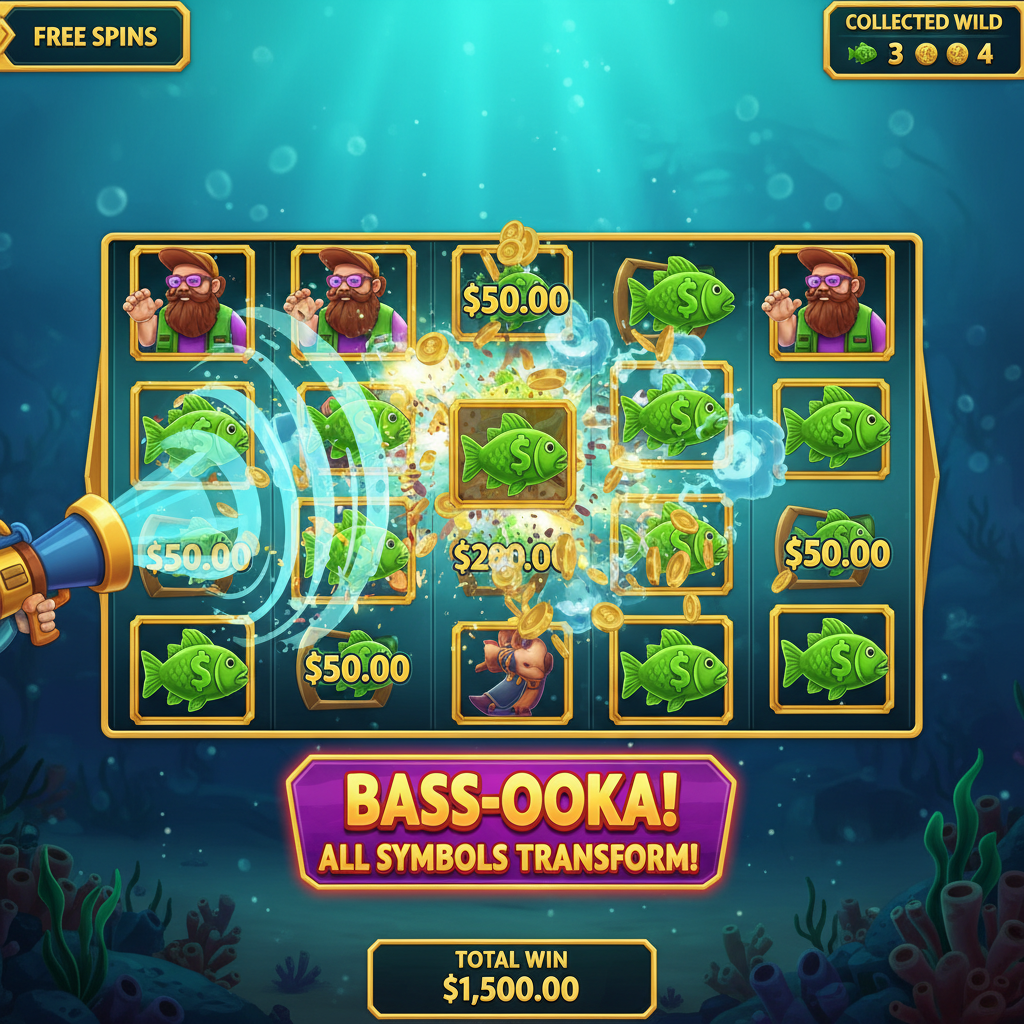 Big Bass Reel Repeat Bass-ooka transformation animation replacing all non-wild symbols with Money symbols while Fisherman Wilds remain in position on the reels