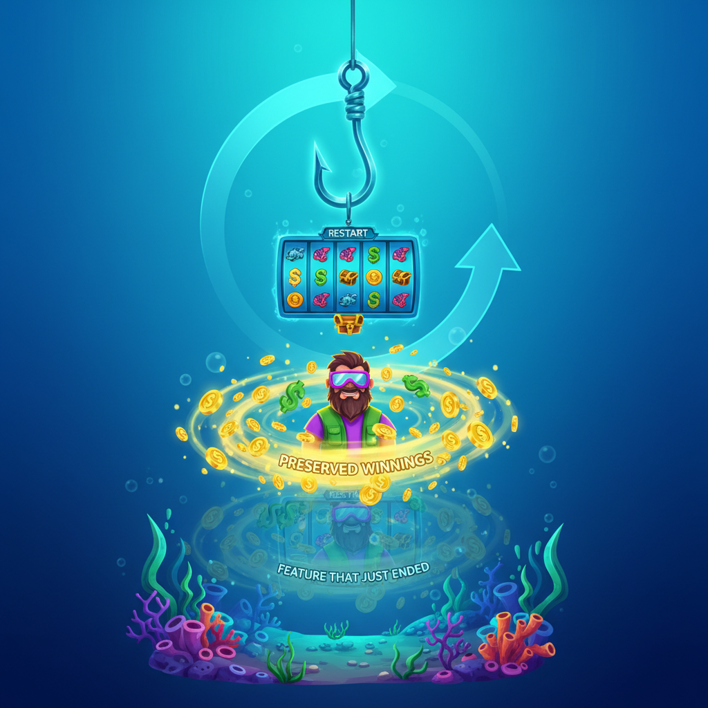 Big Bass Reel Repeat Bonus Repeat feature screen showing the repeat activation sequence with preserved winnings and restarting free spins round