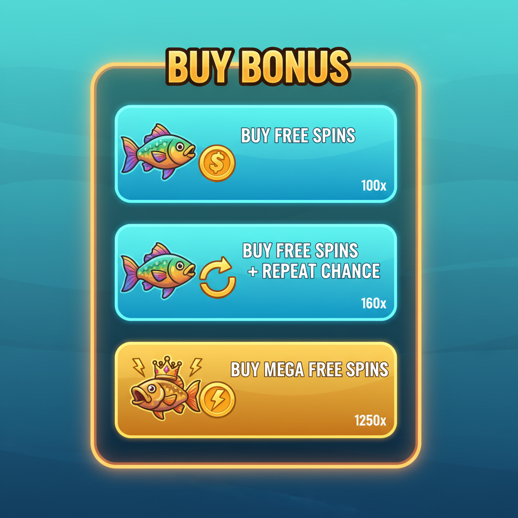Big Bass Reel Repeat buy bonus menu showing three options: Buy Free Spins at 100x bet, Buy Free Spins with Repeat Chance at 160x bet, and Buy Mega Free Spins at 1250x bet