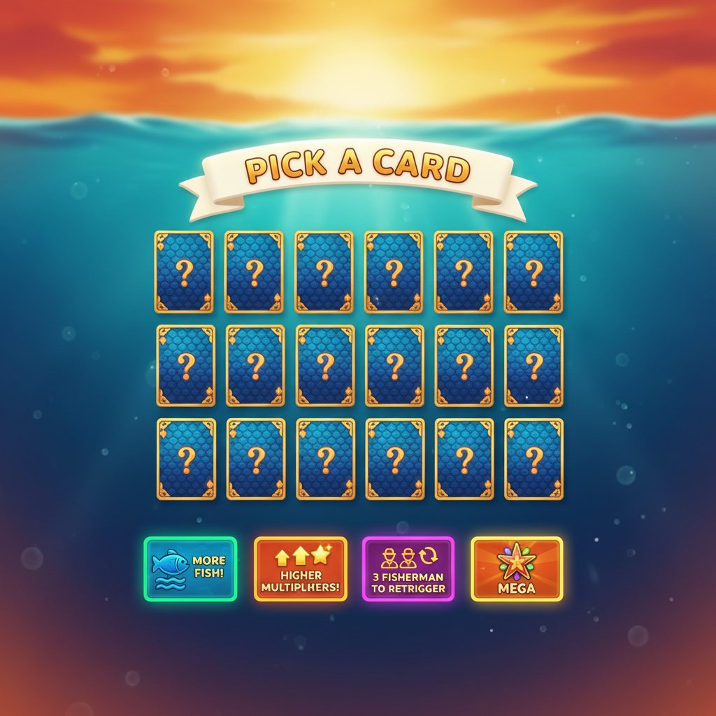 Big Bass Reel Repeat card selection screen showing 12 face-down cards before Free Spins begin with More Fish, Higher Multipliers, 3 Fishermen to Retrigger, and Mega modifier options