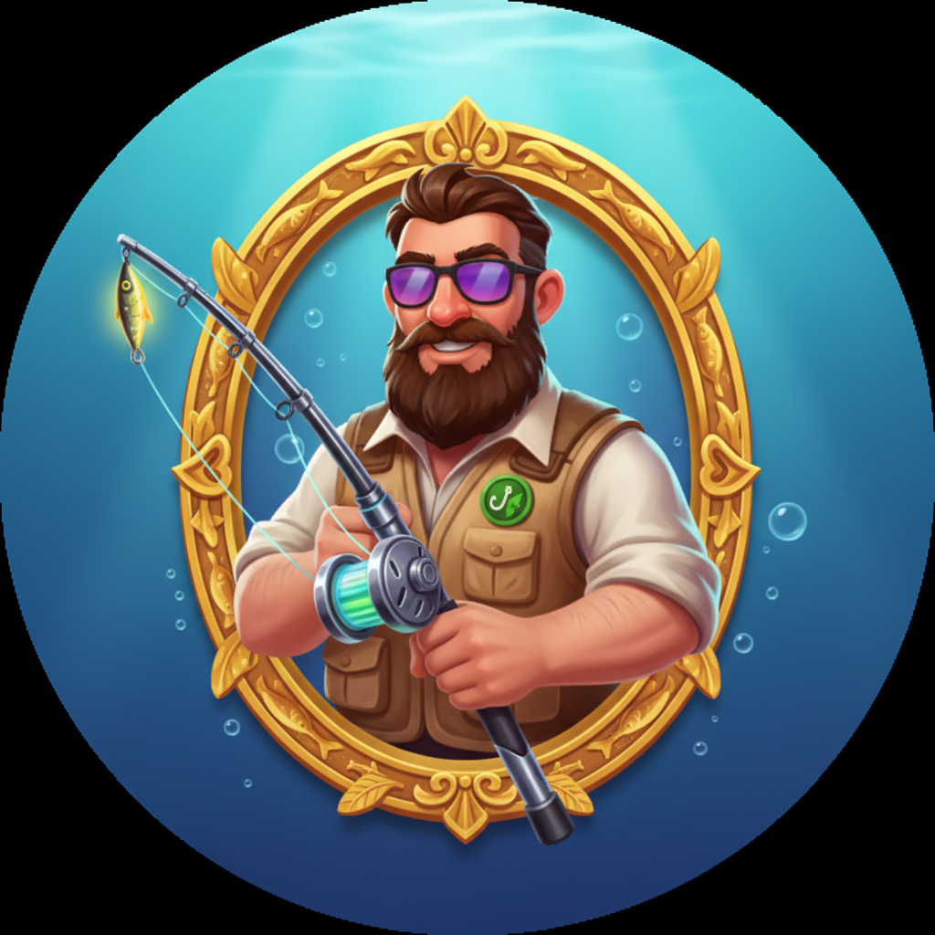 Big Bass Reel Repeat Fisherman Wild symbol depicting bearded man with purple reflective sunglasses, beige vest with green badge, and futuristic fishing rod