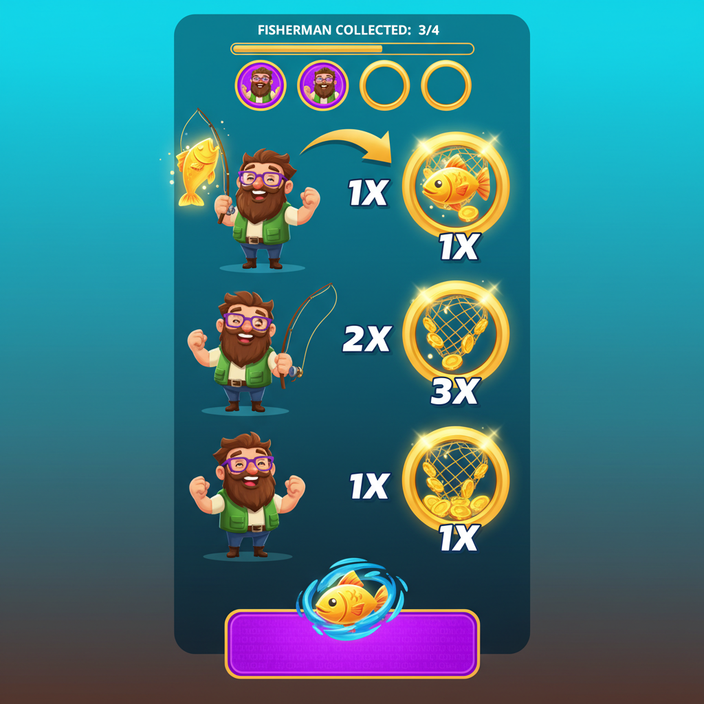 Big Bass Reel Repeat Free Spins feature showing the four multiplier progression levels with Fisherman Wild collection counter and 1x, 2x, 3x, 10x multiplier indicators