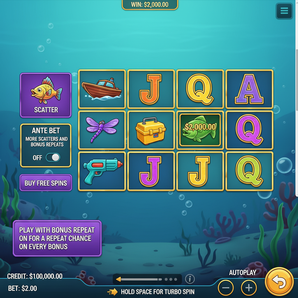 Big Bass Reel Repeat main game screen showing the 5x3 reel grid with underwater background, teal water, coral formations, and game control bar