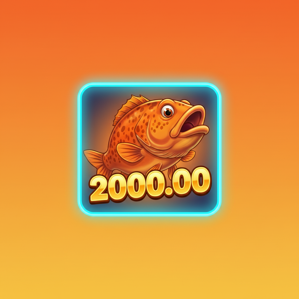 Big Bass Reel Repeat Money symbol featuring orange bass fish with spots in bright cyan rectangular frame with gradient border and glowing effect displaying a cash value