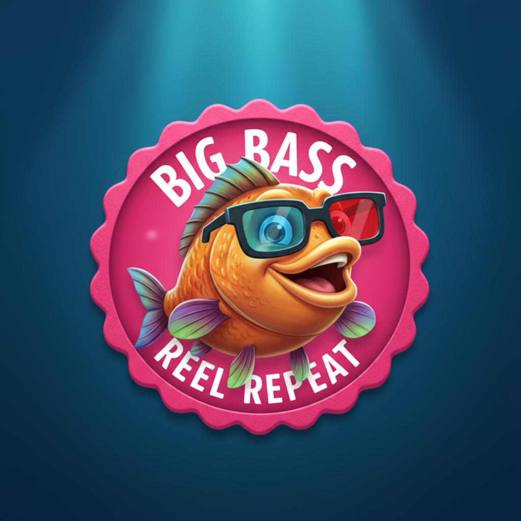 Big Bass Reel Repeat Scatter symbol showing orange bass fish wearing blue and red 3D glasses inside pink circular badge with scalloped edge and SCATTER text