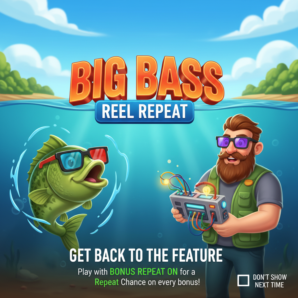Big Bass Reel Repeat slot game splash screen showing the fisherman character, bass fish with 3D glasses, and Bonus Repeat promotional text