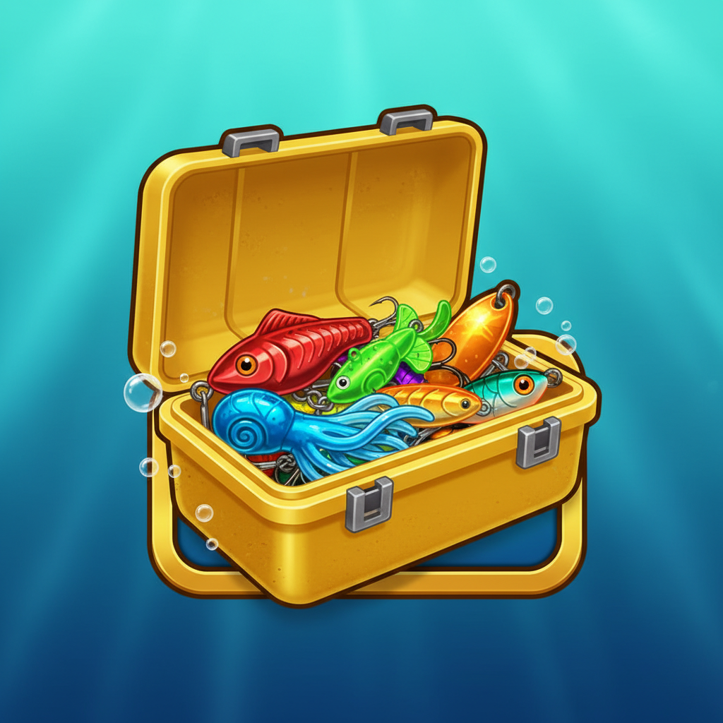 Big Bass Reel Repeat yellow tackle box symbol with open lid revealing colorful fishing lures in red, blue, green and orange